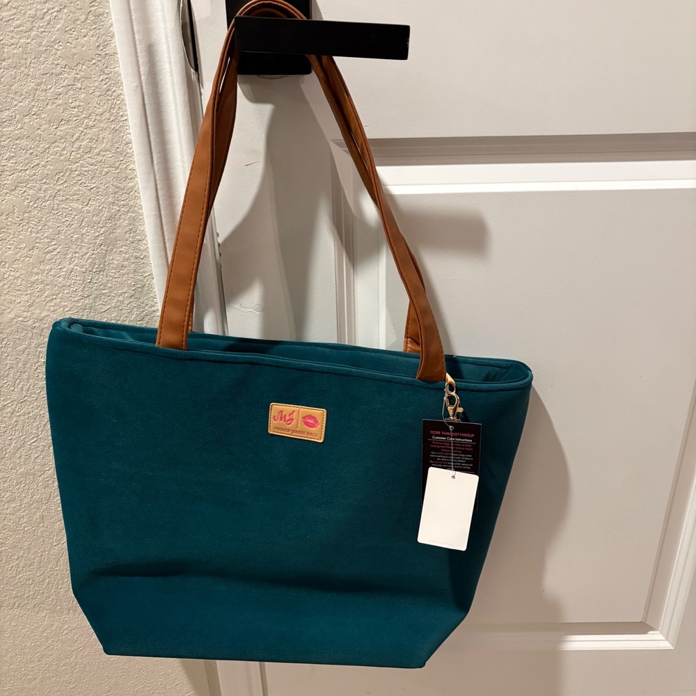 Makeup Junkie Daykeeper Bag with small tan bag Handmade in TX Gold Accent